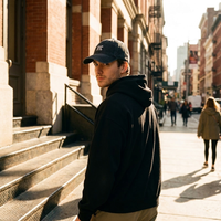 Homme en hoodie noir portant la casquette NYC en denim noir délavé dans une rue de New York au coucher du soleil, ambiance streetwear