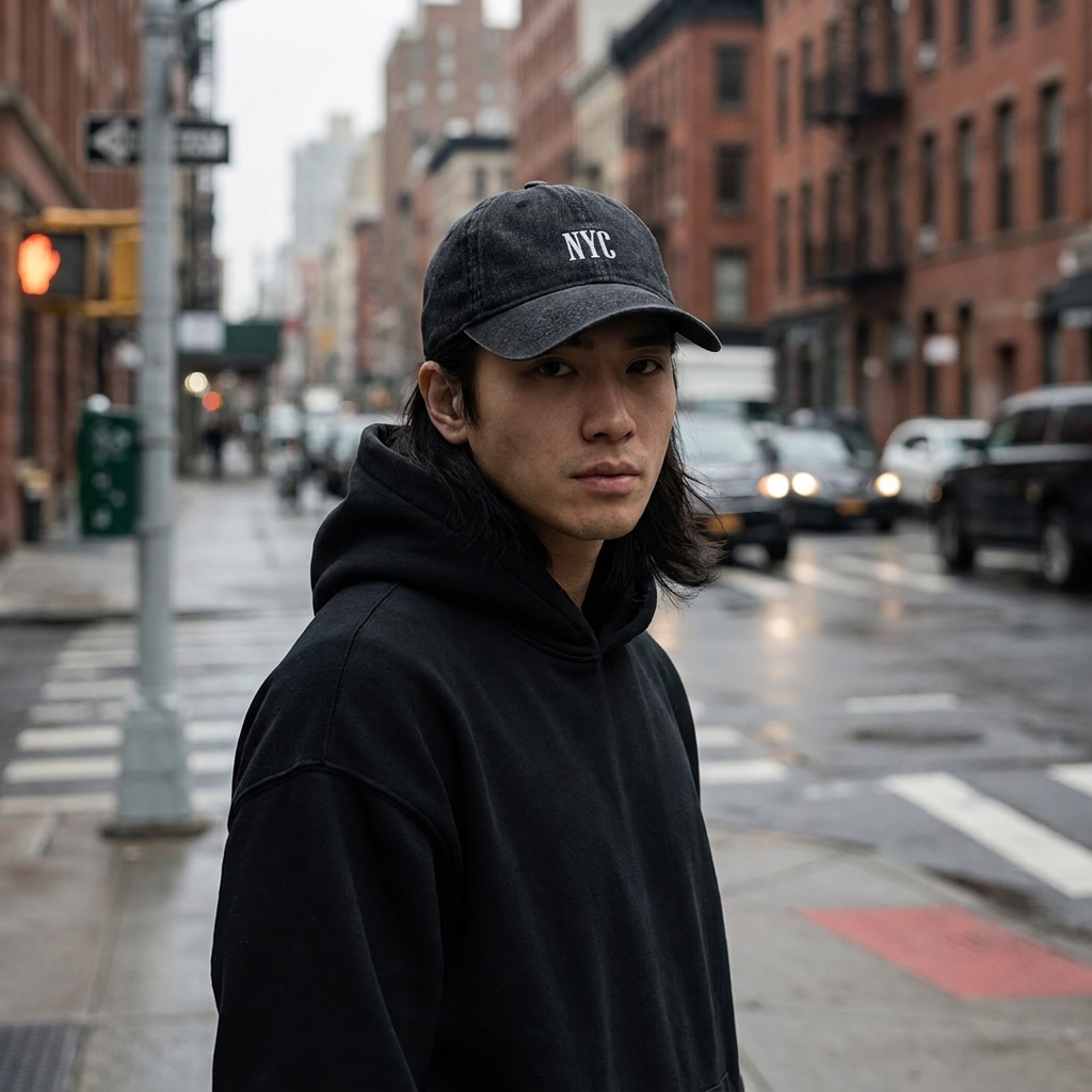 Portrait d'un homme en hoodie noir portant la casquette NYC en denim noir délavé, rue de New York sous la pluie, style streetwear