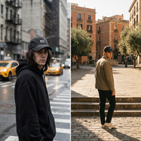 Homme portant la casquette NYC en denim noir délavé en ville, look streetwear urbain, ambiance éditoriale