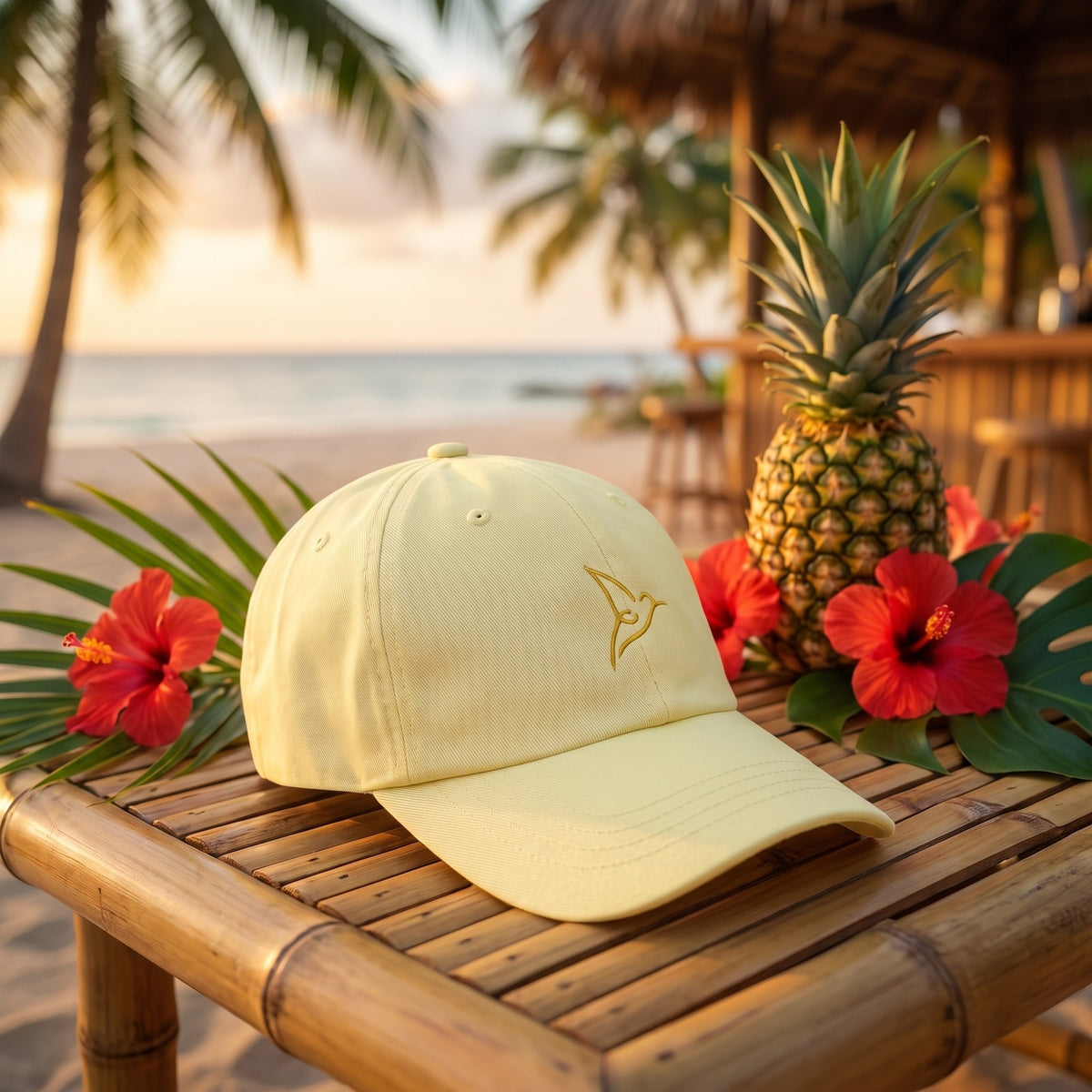 Casquette jaune pastel brodée oiseau du paradis posée sur une table en bambou d'un bar de plage tropical avec un ananas et des hibiscus - CHT'M Boutique