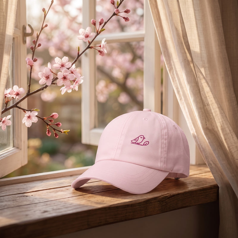 Casquette dad hat rose pastel brodée oiseau du paradis posée sur un rebord de fenêtre avec des branches de cerisier en fleurs - CHT'M Boutique