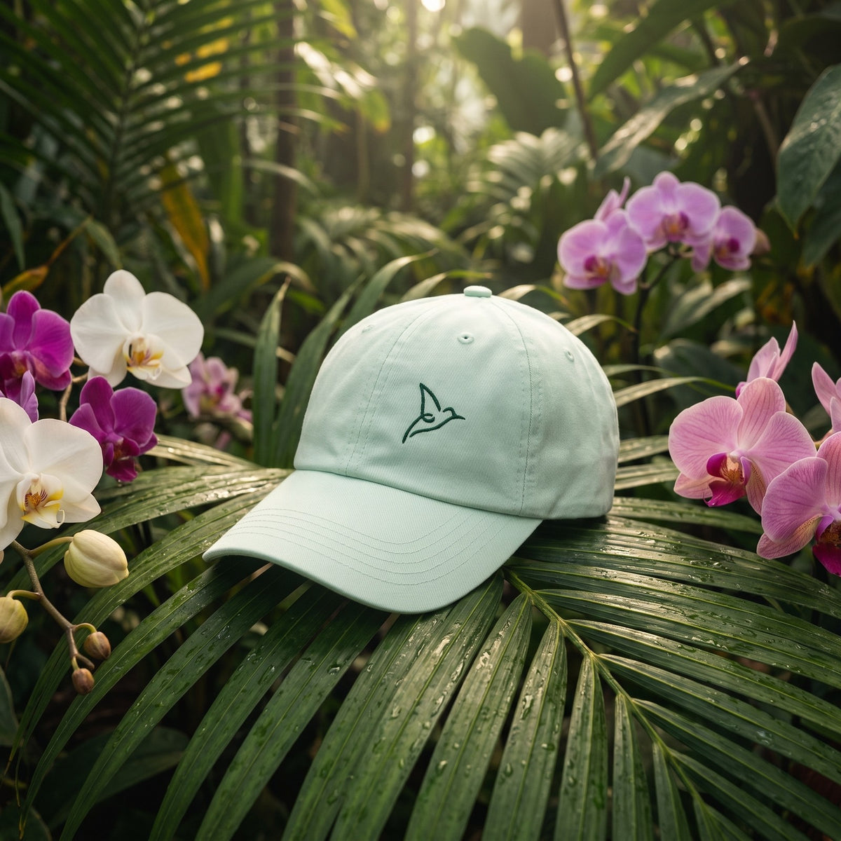 Casquette vert pastel brodée oiseau du paradis posée sur une grande feuille de palmier parmi des orchidées dans une jungle tropicale - CHT'M Boutique