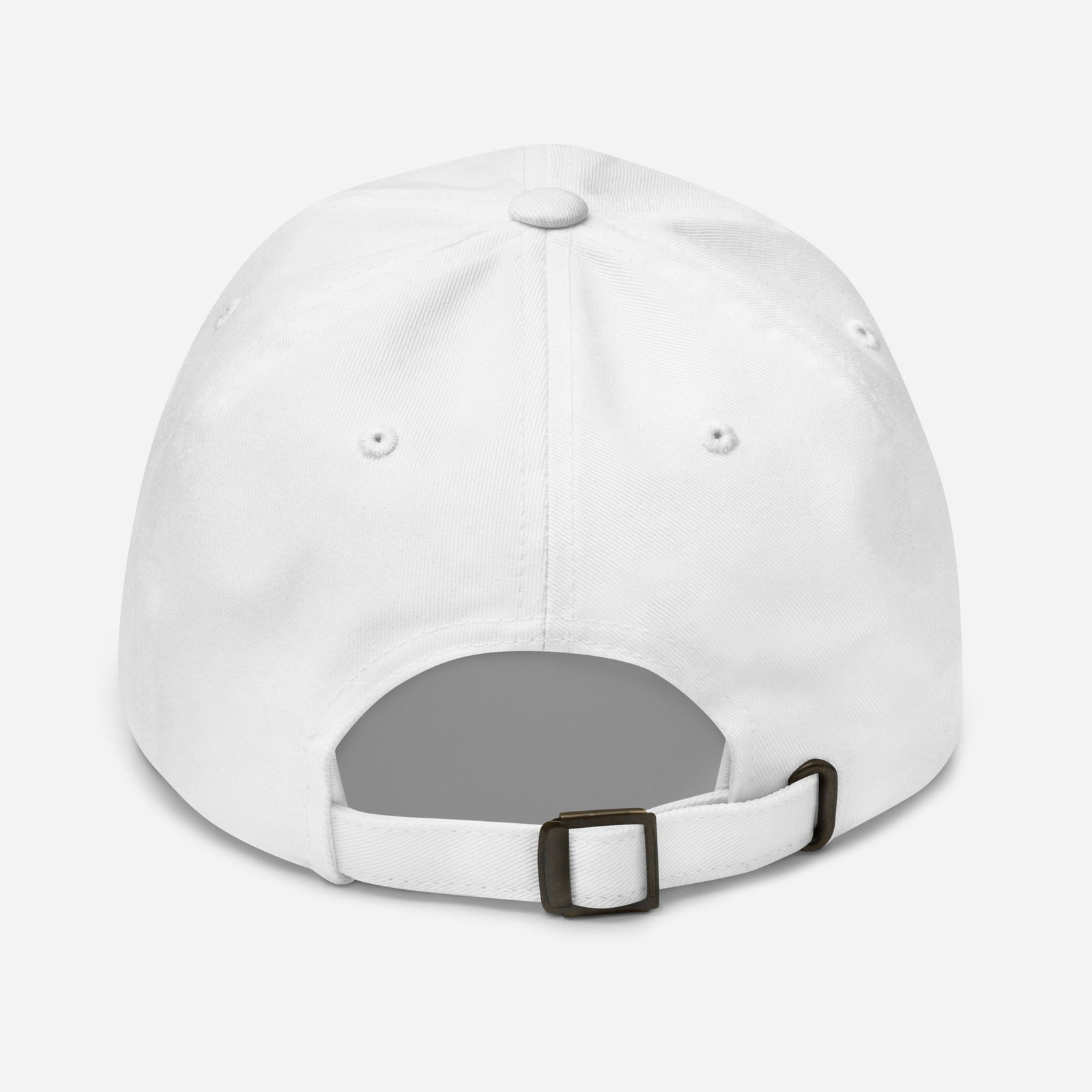 Dos de la casquette requin brodée blanche, sangle réglable et boucle laiton