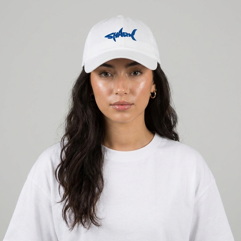 Femme portant la casquette requin brodée SHARK blanche, photo studio