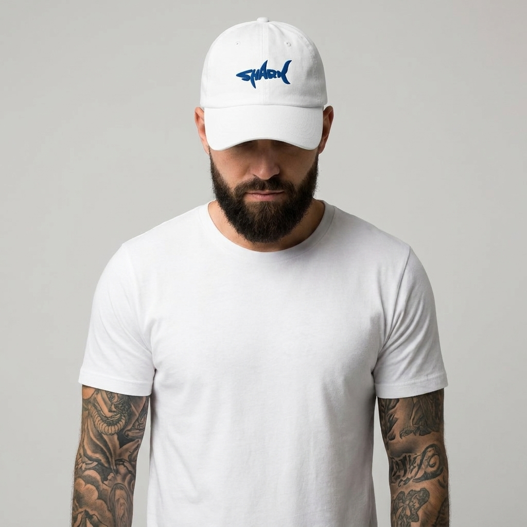 Homme portant la casquette requin brodée SHARK blanche, photo studio