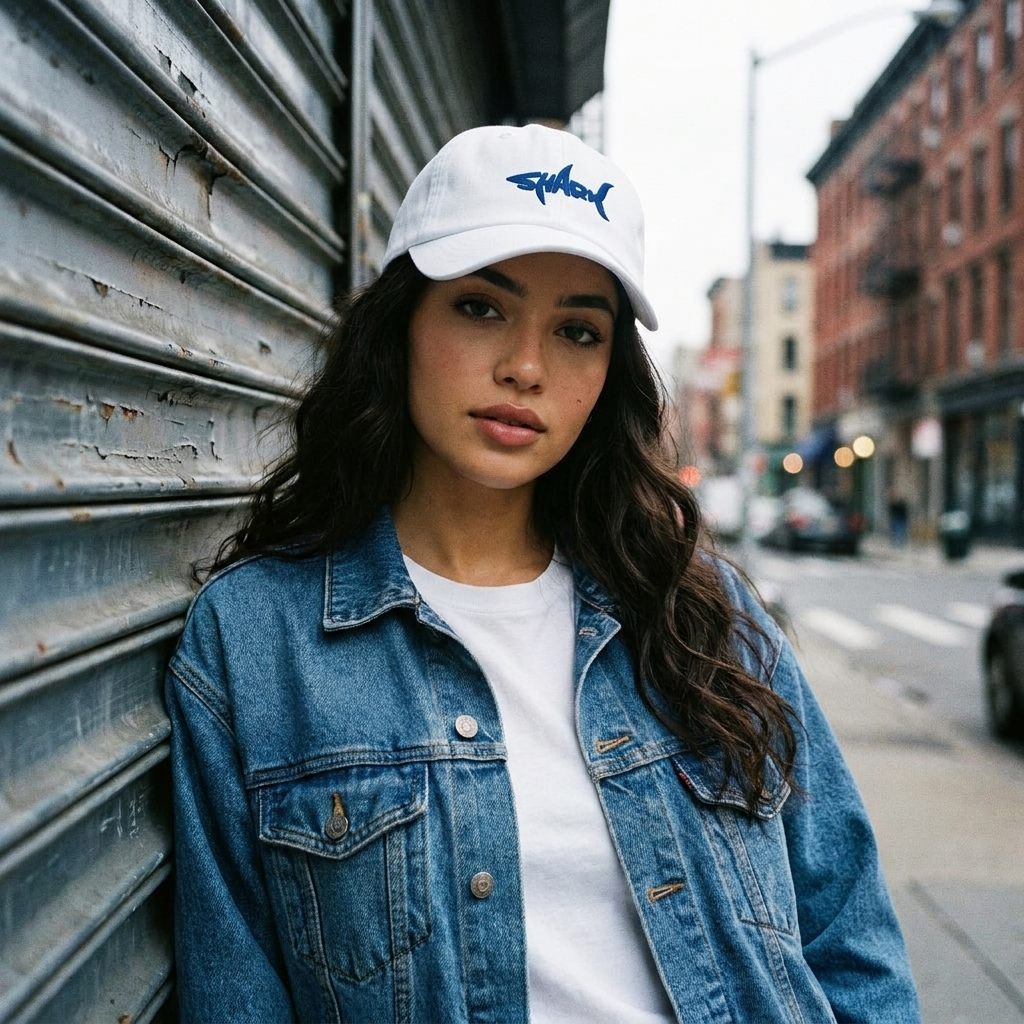 Casquette requin brodée blanche portée en rue, look streetwear femme