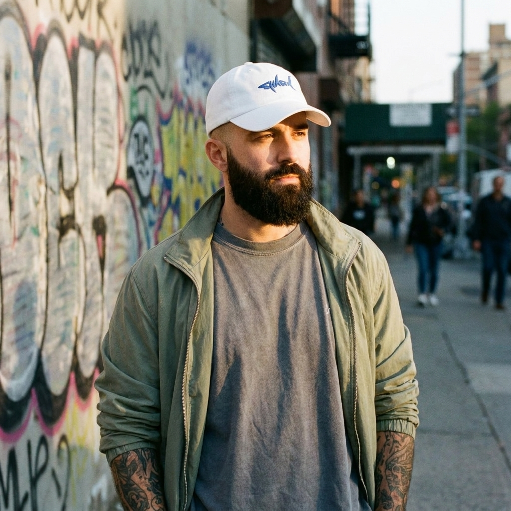 Casquette requin brodée blanche portée en ville, look streetwear homme