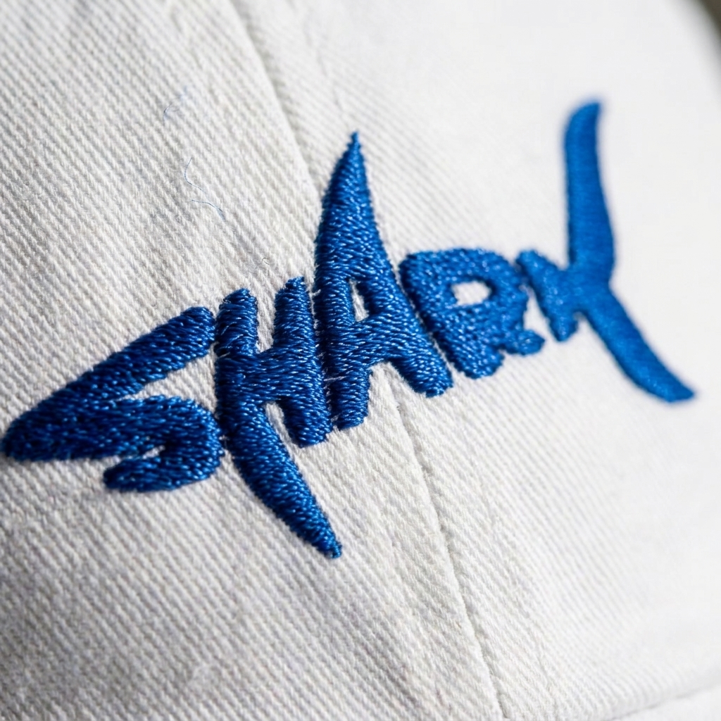Macro de la broderie SHARK bleu roi sur le coton blanc de la casquette requin