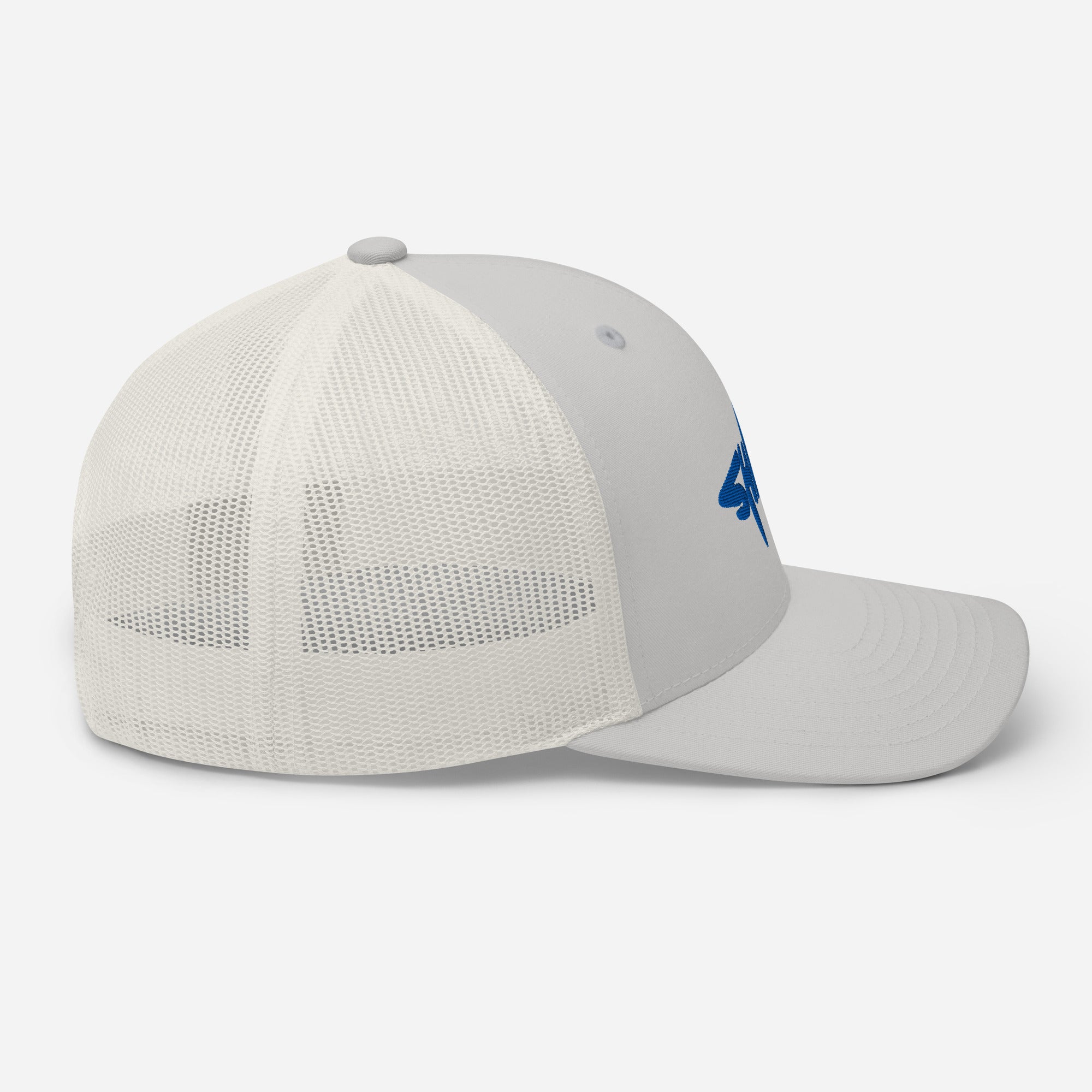 Casquette trucker requin SHARK argentée, profil droit, visière pré-courbée