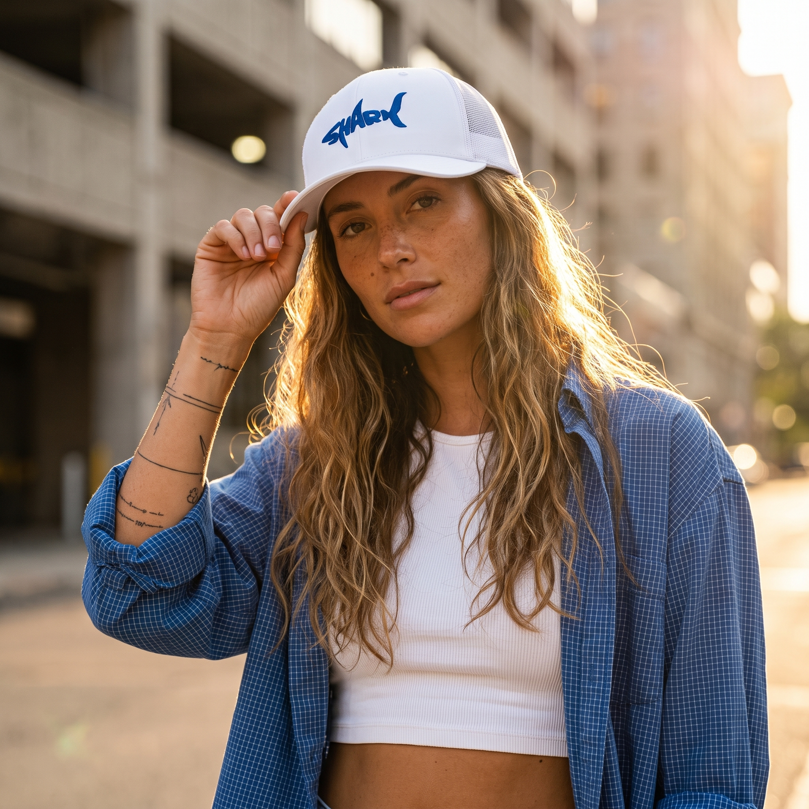 Casquette requin SHARK blanche portée par une femme en look streetwear urbain