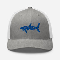 Casquette requin SHARK brodée bleu roi sur trucker gris chiné et blanc, vue de face
