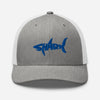 Casquette requin SHARK brodée bleu roi sur trucker gris chiné et blanc, vue de face