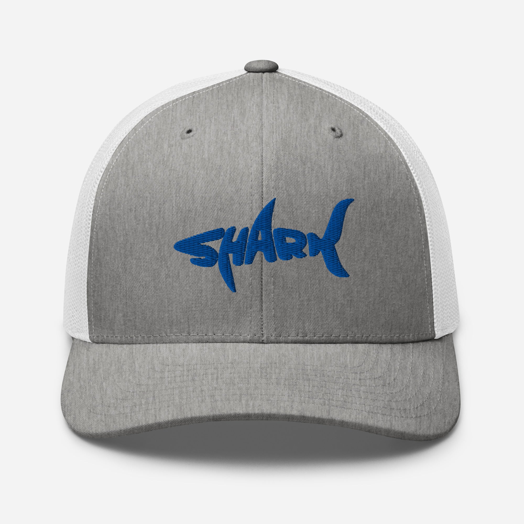 Casquette requin SHARK brodée bleu roi sur trucker gris chiné et blanc, vue de face