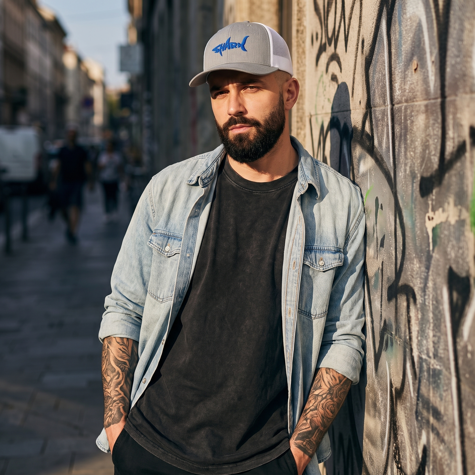 Casquette trucker requin SHARK gris chiné portée en look streetwear urbain par un homme tatoué