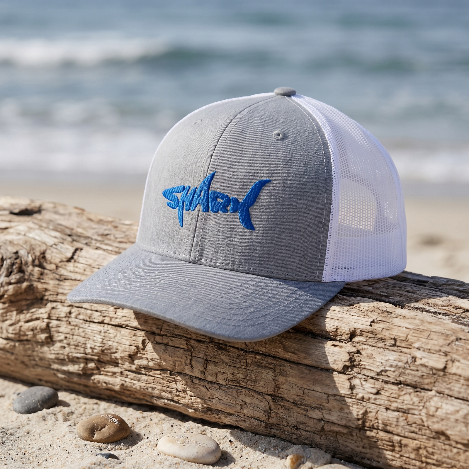 Casquette trucker requin SHARK gris chiné posée sur du bois flotté au bord de l'océan