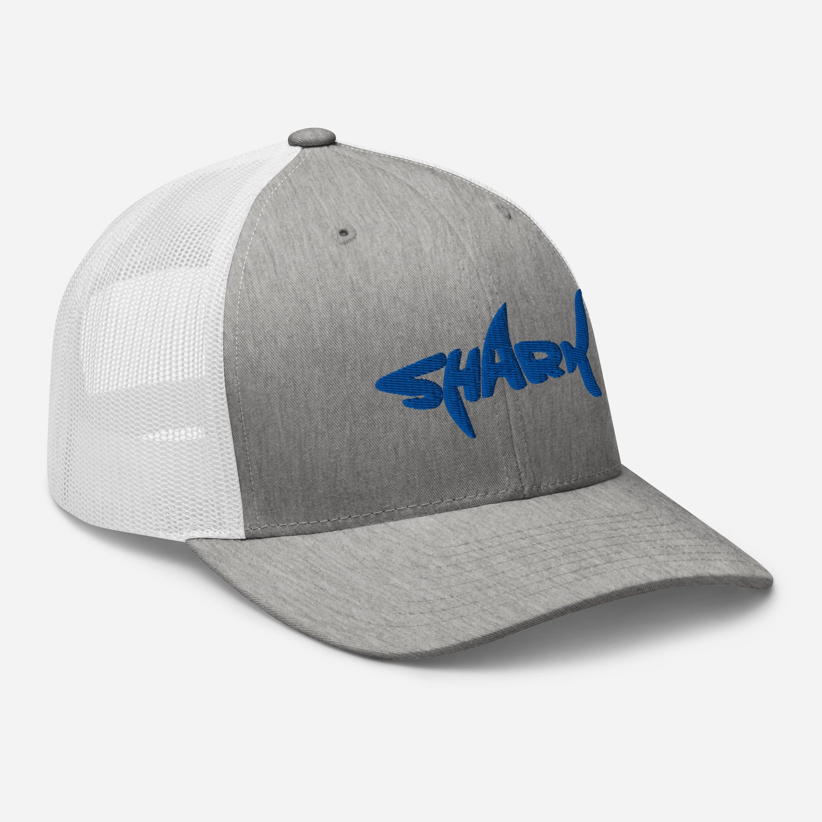 Casquette requin SHARK gris chiné vue de trois quarts droit, design requin brodé