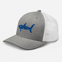 Casquette requin SHARK gris chiné vue de trois quarts gauche, broderie bleu roi