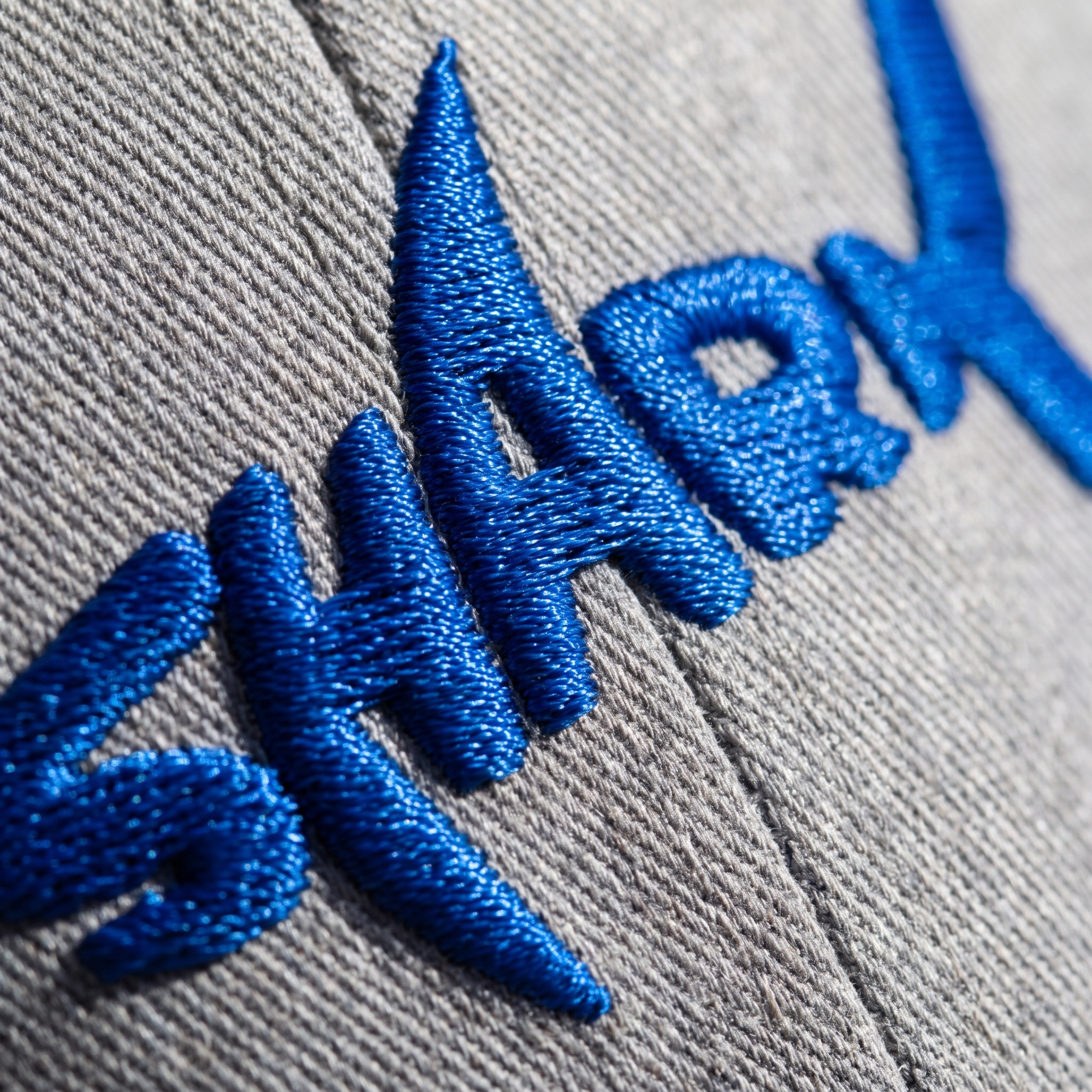 Macro de la broderie bleu roi en relief du logo requin SHARK sur tissu gris chiné