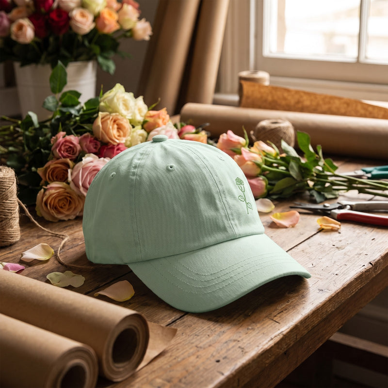 Casquette baseball vert pastel brodée d'une rose posée sur l'établi en bois d'un fleuriste entre des bouquets de roses - CHT'M Boutique