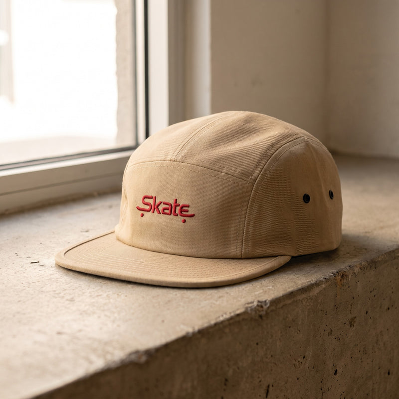 Casquette 5 panneaux beige camper posée sur un muret – vue trois quarts, visière plate