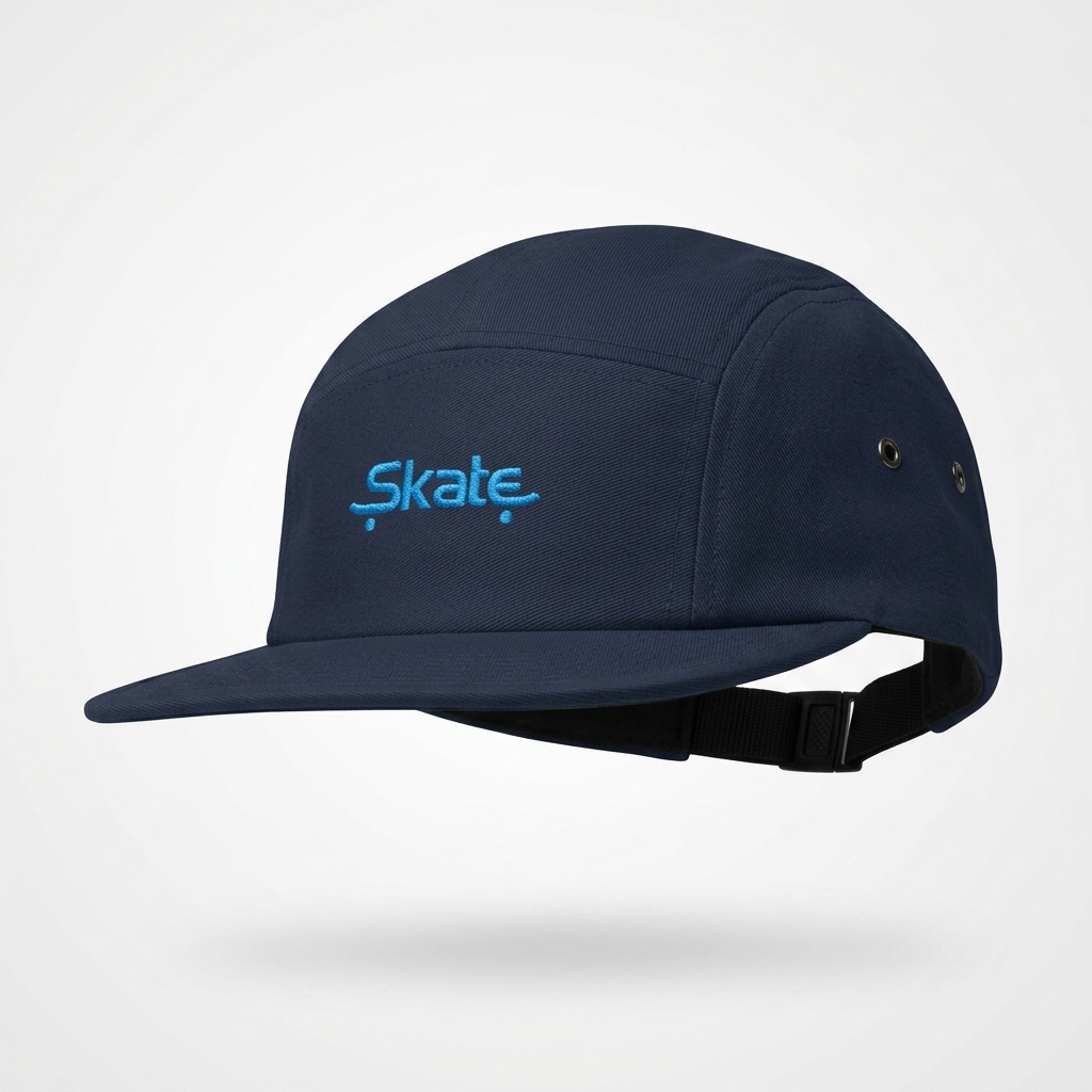 Casquette skate 5 panneaux bleu marine de profil, visière plate et œillets
