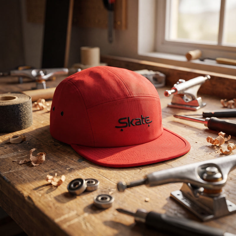 Casquette skate 5 panneaux rouge brodée Skate noire posée sur un établi avec des trucks, des roulements et du grip tape - CHT'M Boutique