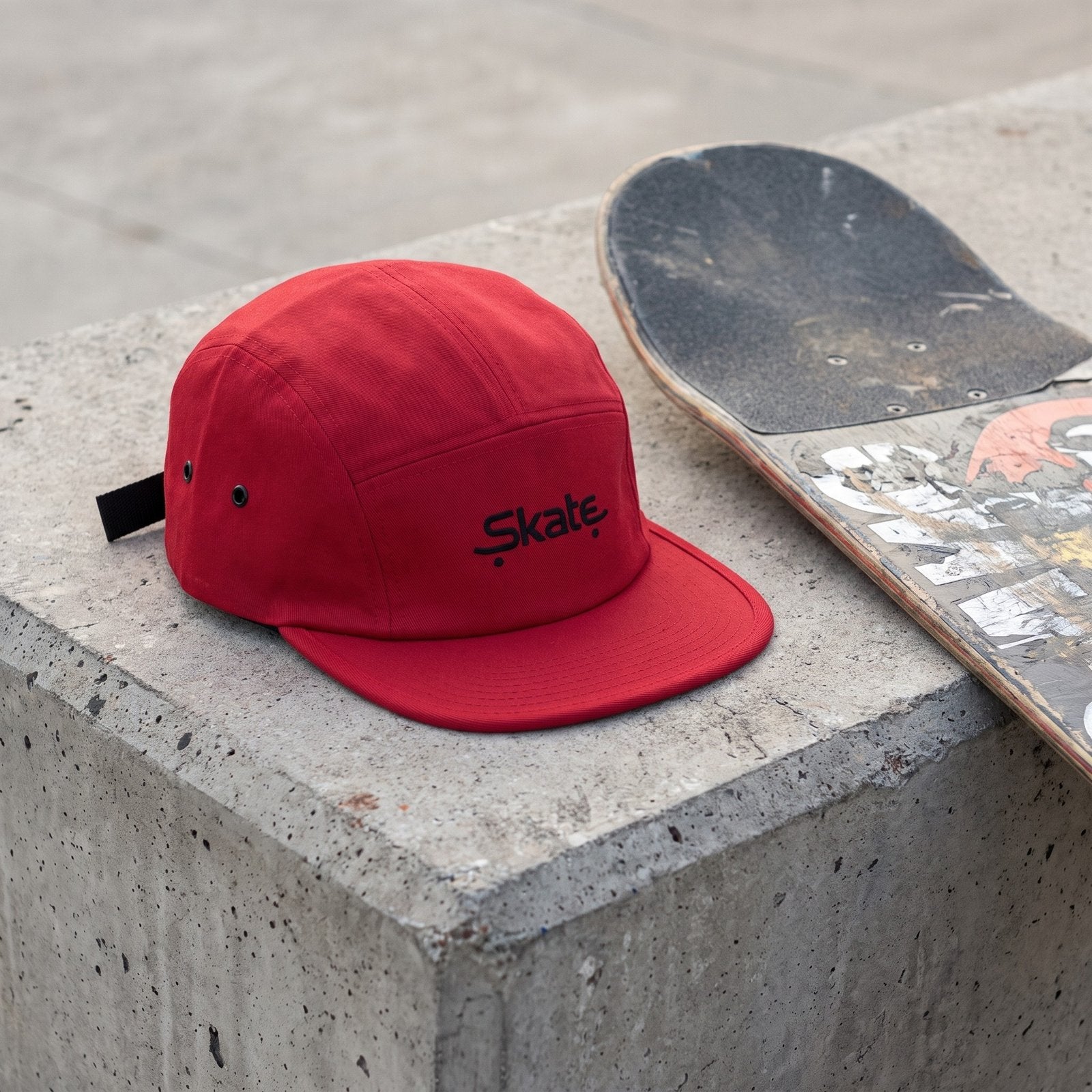 Casquette skate 5 panneaux rouge posée à côté d'un skateboard