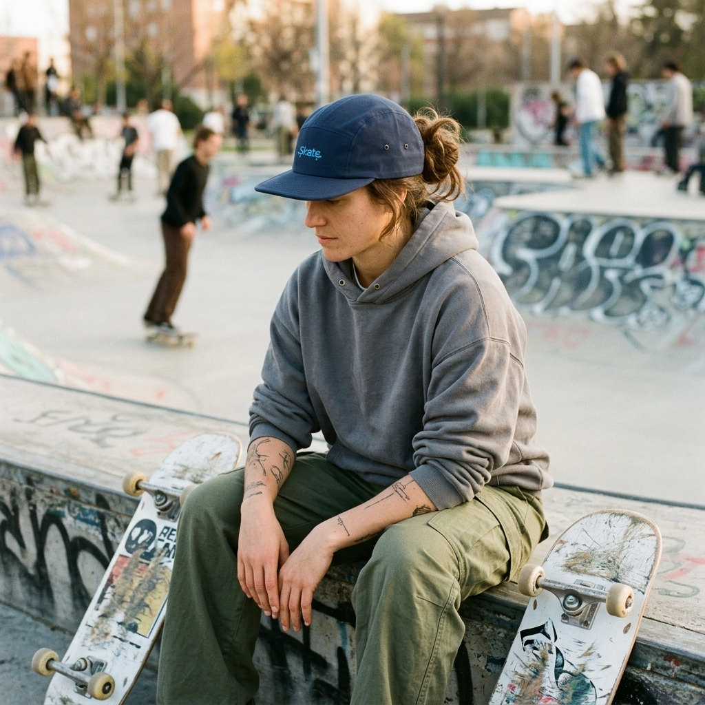 Casquette skate 5 panneaux portée au skatepark, look streetwear femme