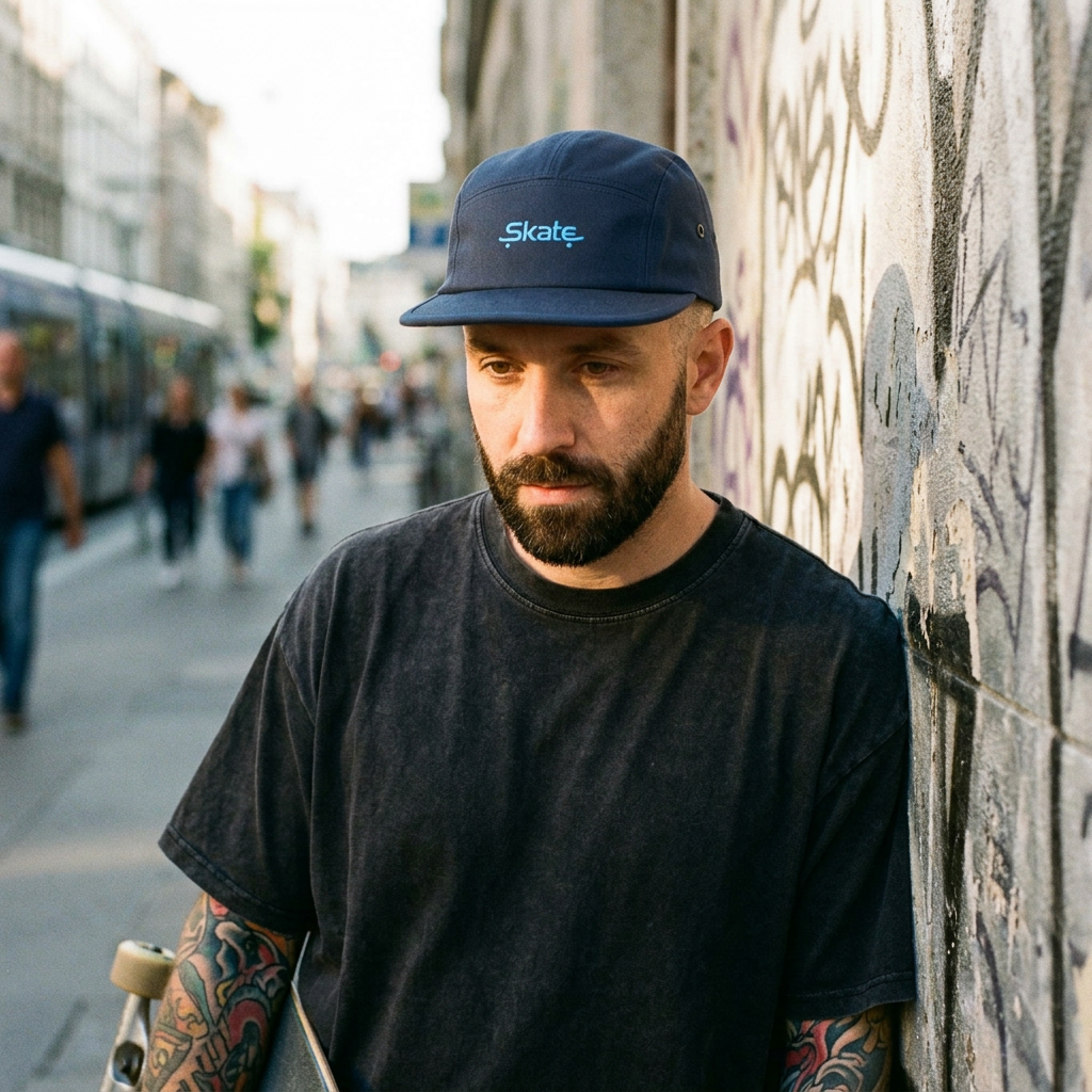 Casquette skate 5 panneaux portée en ville, look streetwear homme