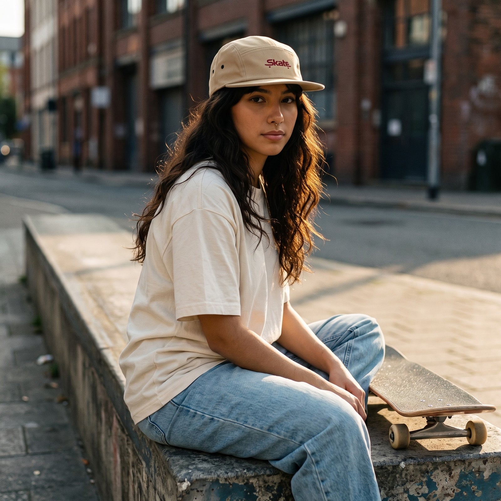 Casquette skate beige portée par une femme en rue avec un skateboard, ambiance éditoriale