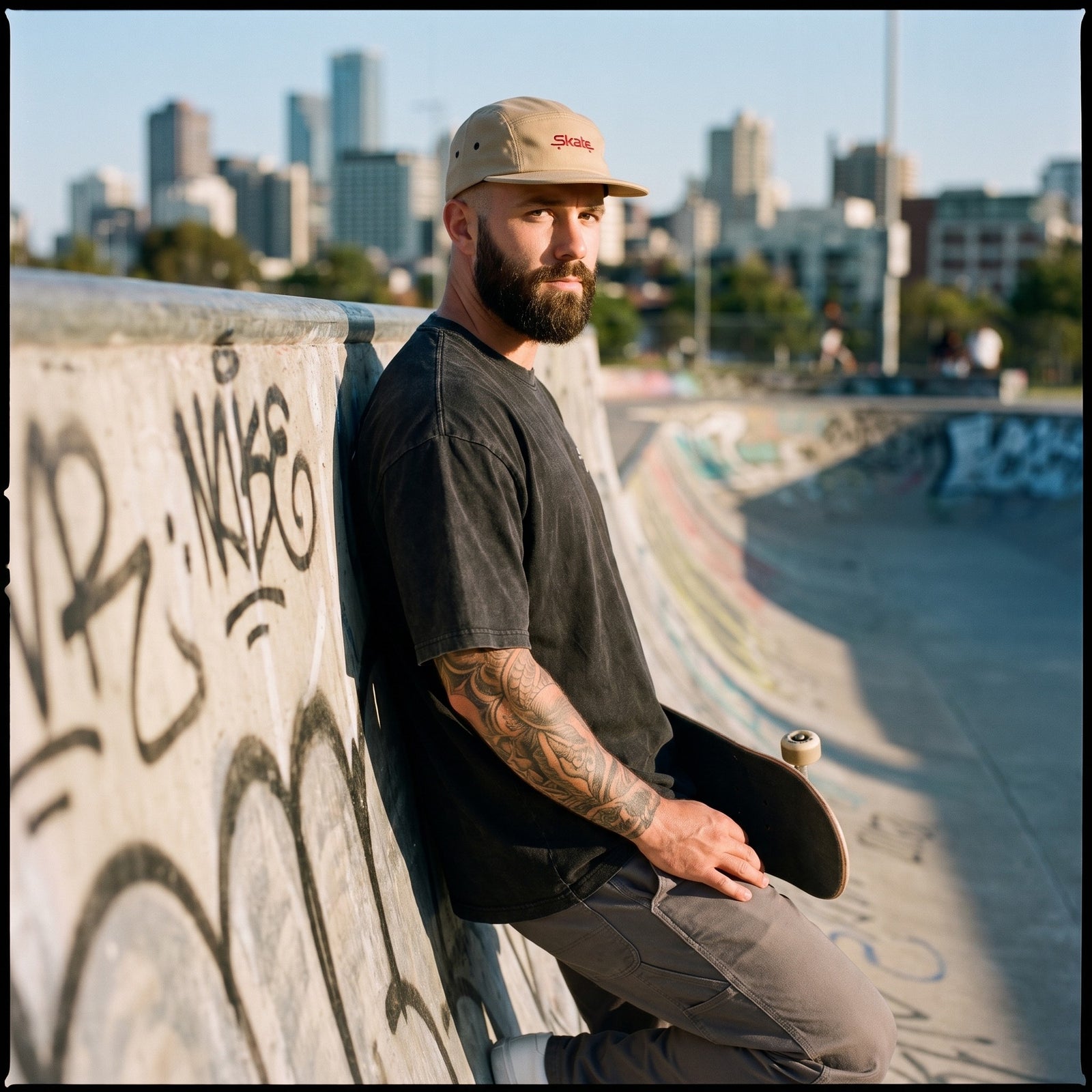 Casquette skate beige portée par un homme au skatepark, look streetwear urbain