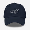 Casquette skate brodée FVCK bleu marine vue de face, broderie skateboard cassé