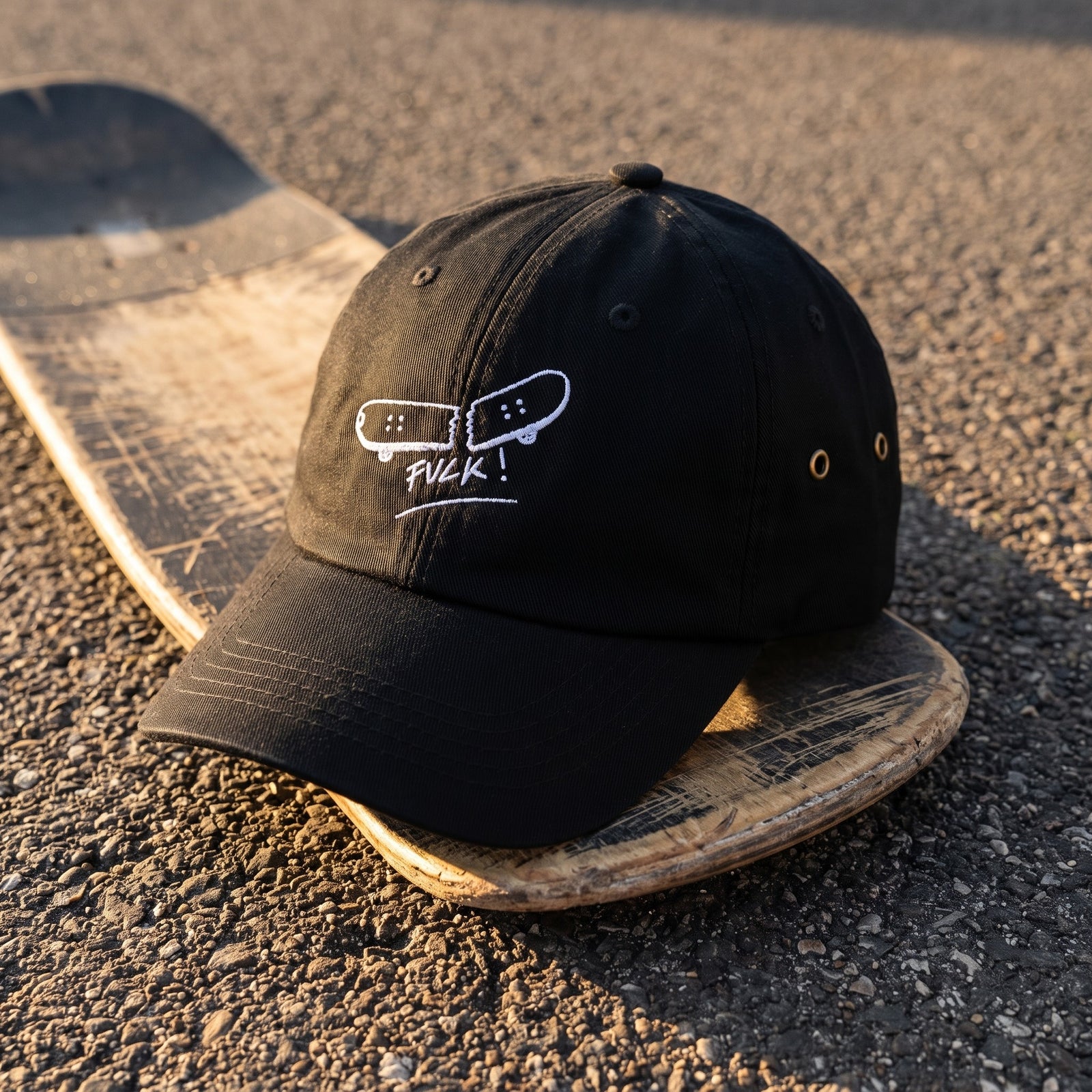 Casquette skate brodée FVCK noire sur une planche de skateboard usée, vue trois quarts