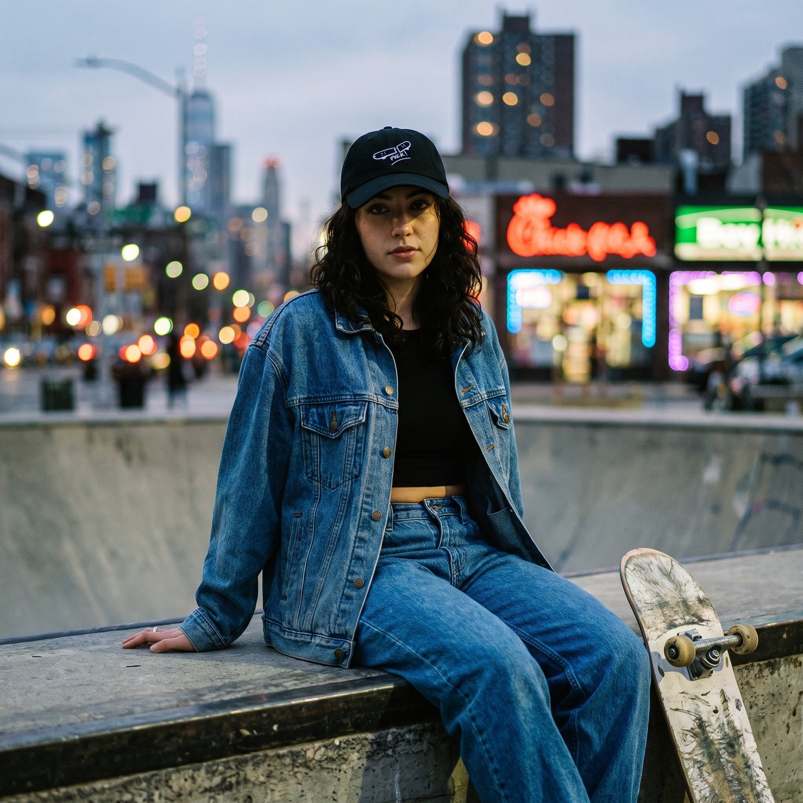 Skateuse en skatepark portant la casquette skate brodée FVCK noire, look streetwear féminin