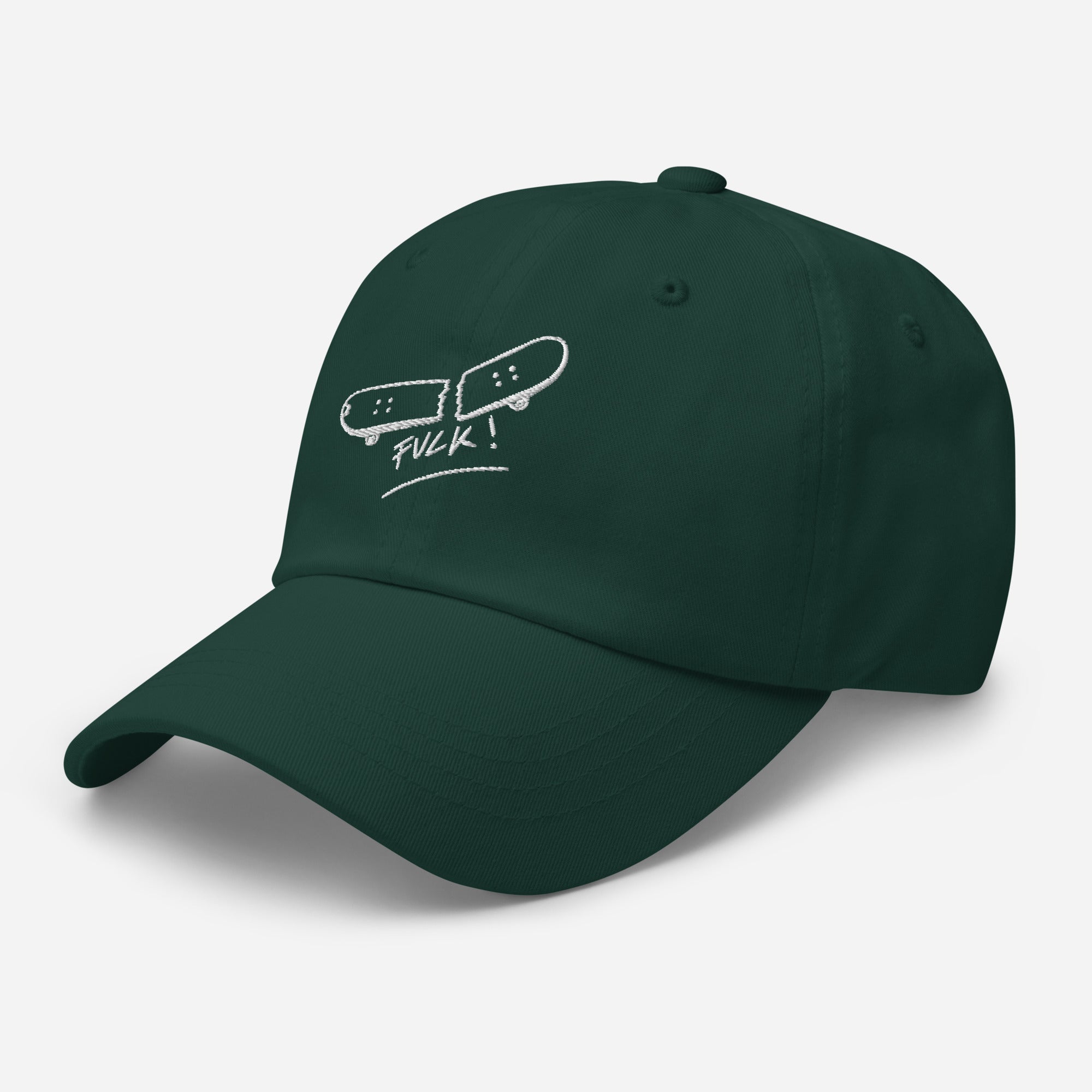 Casquette skate brodée FVCK vert épicéa vue trois quarts gauche