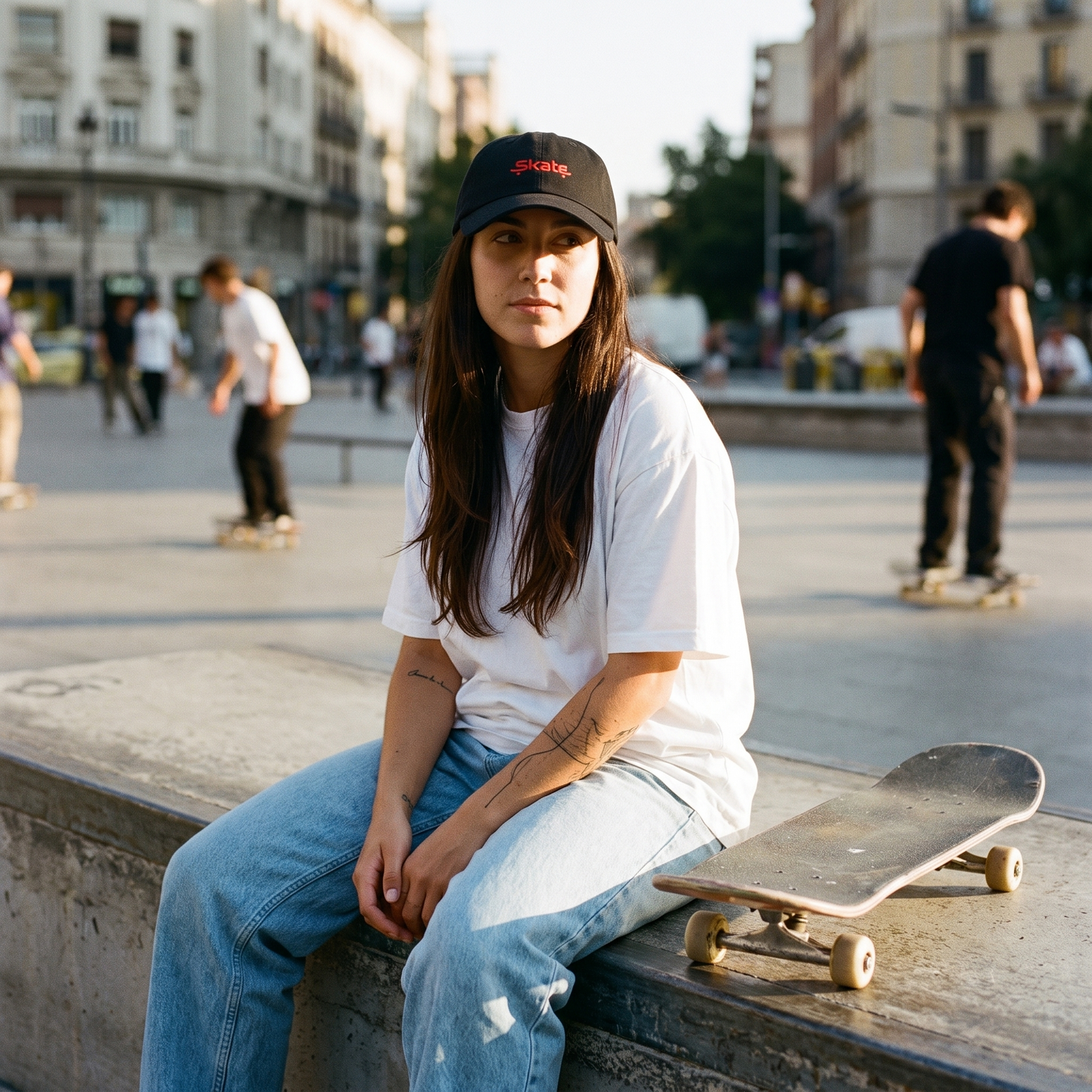 Femme skateuse portant la casquette skate noire en ville, look streetwear original