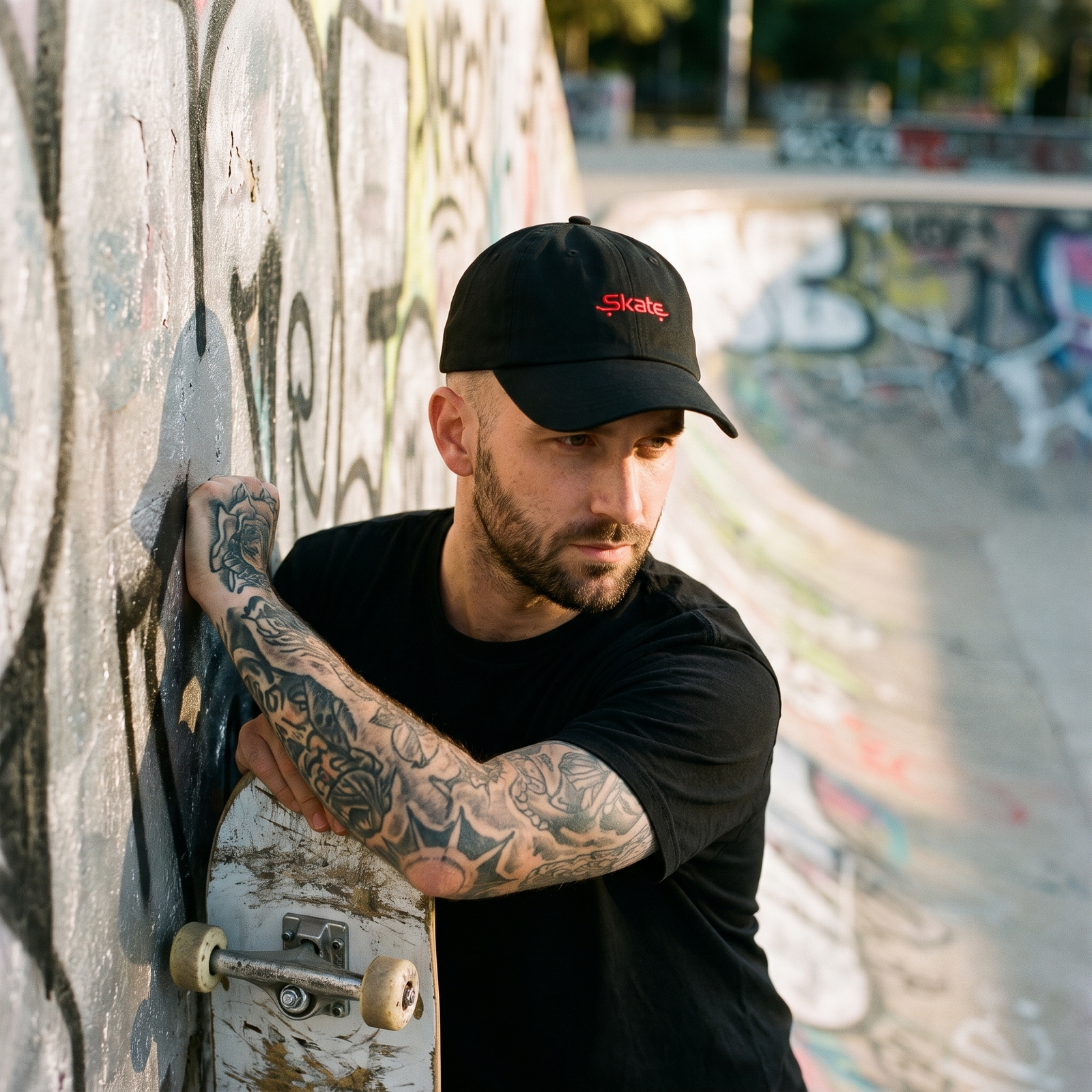 Homme skateur portant la casquette skate noire en rue, ambiance streetwear urbain
