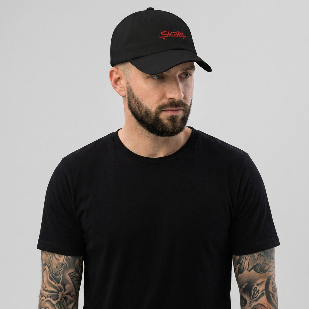 Homme portant la casquette skate brodée noire en studio, broderie rouge Skate – CHT'M Boutique