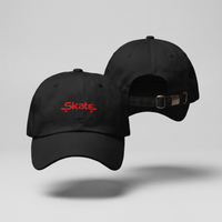 Packshot casquette skate noire face et dos, sangle réglable boucle antique