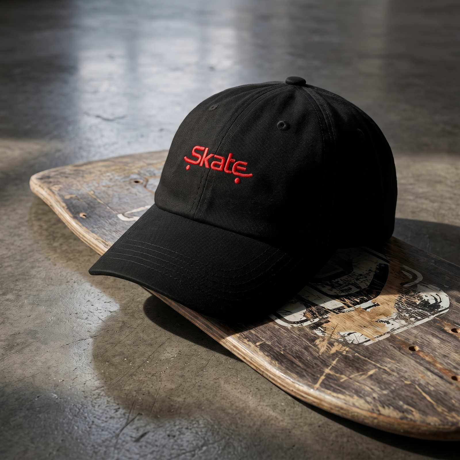 Casquette skate brodée noire posée sur un skateboard, design complet visible