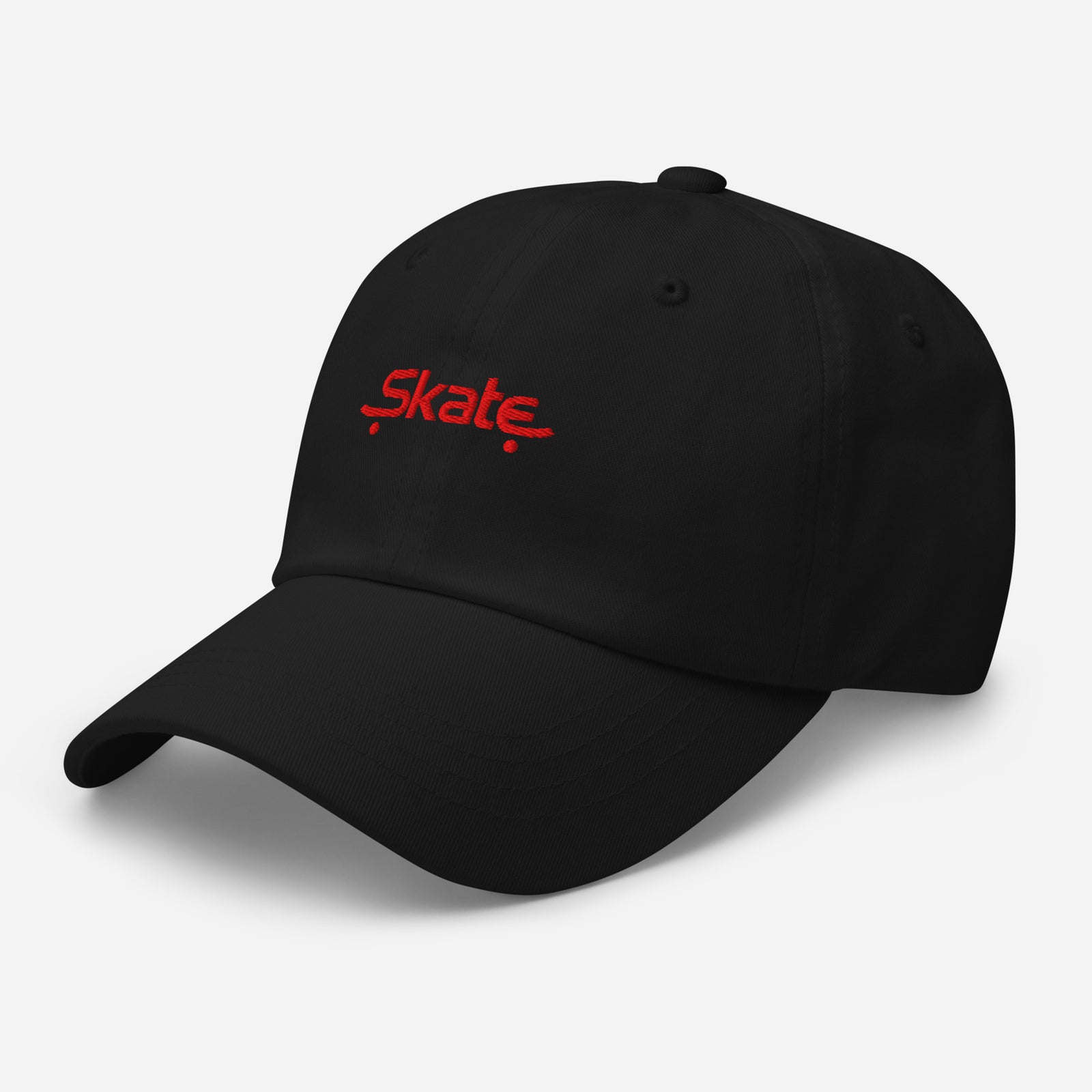 Casquette skate brodée noire vue trois quarts gauche, streetwear original