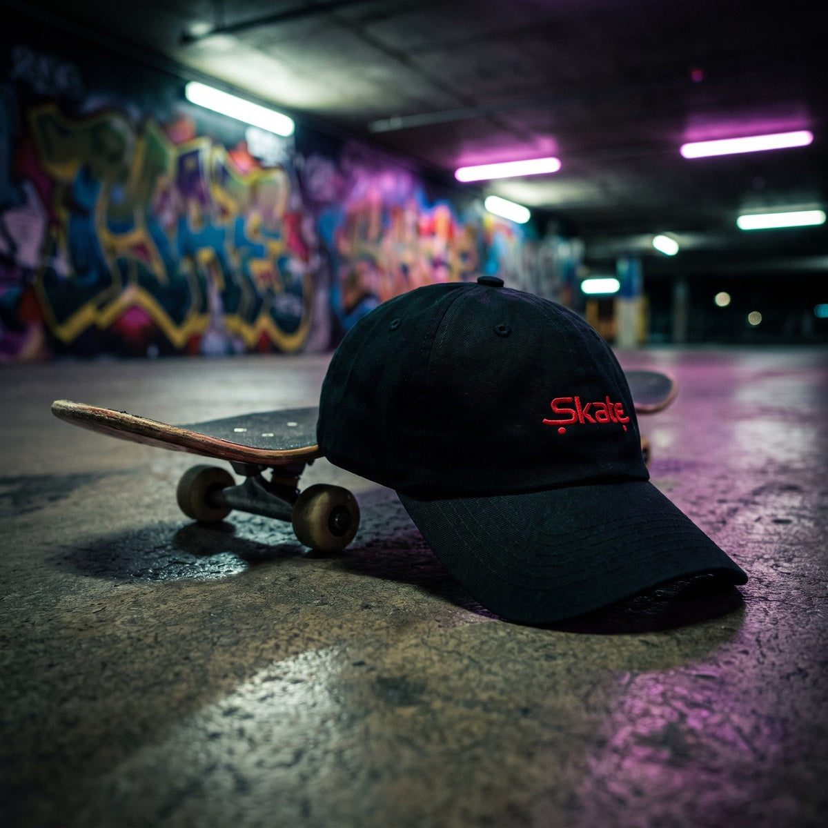 Casquette dad hat noire brodée Skate rouge posée sur le sol en béton d'un parking souterrain avec un skateboard - CHT'M Boutique
