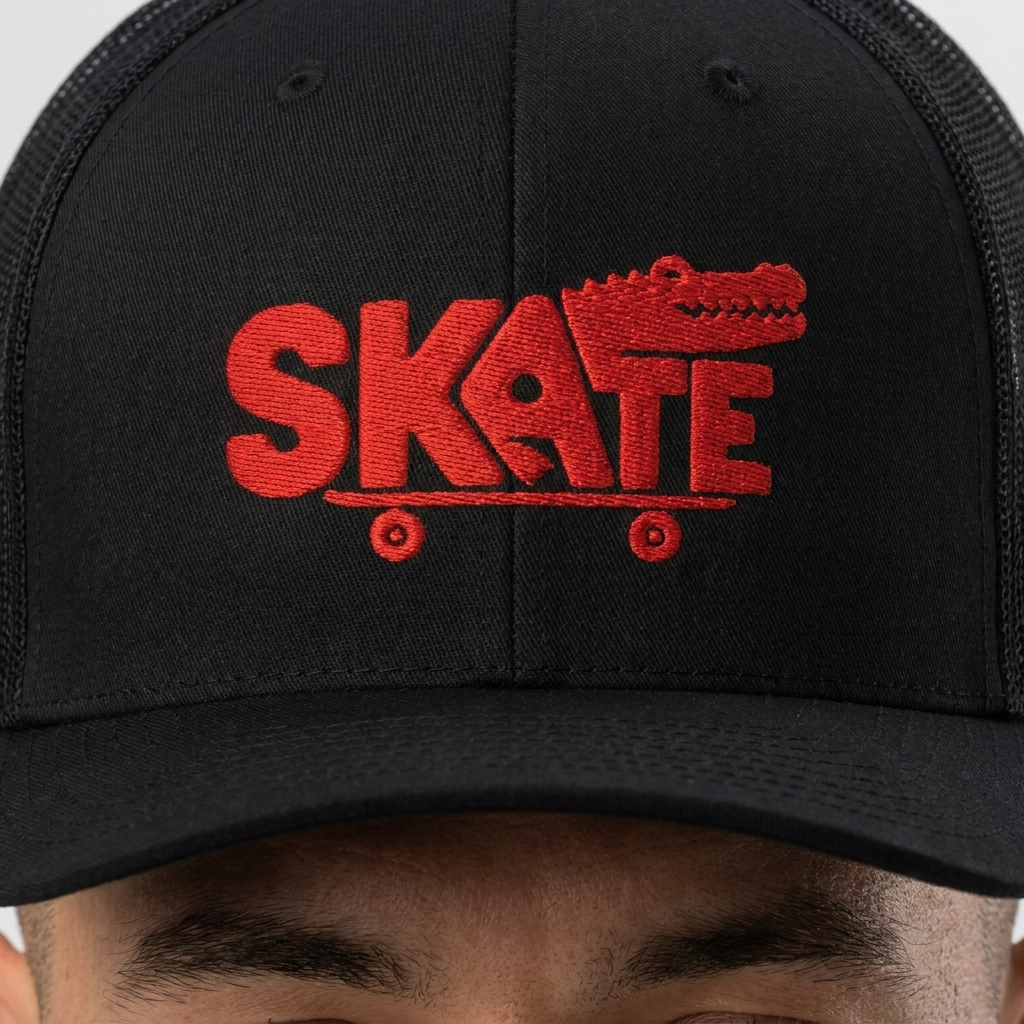 Gros plan sur la broderie rouge SKATE crocodile de la casquette trucker portée