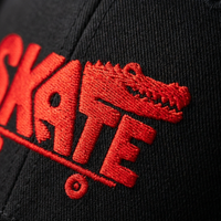 Macro de la broderie rouge SKATE crocodile sur le coton noir de la casquette