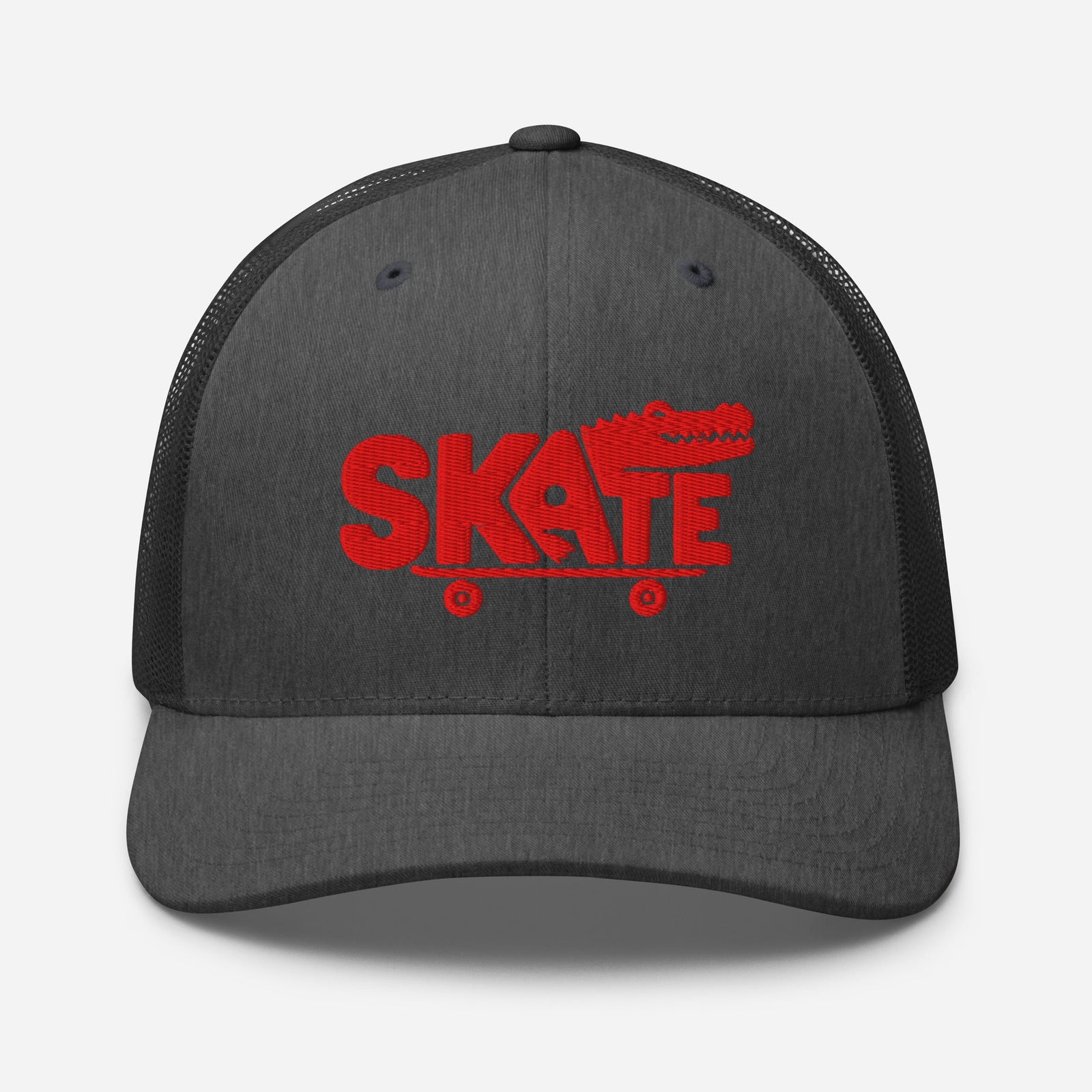 Casquette skate trucker gris chiné foncé brodée crocodile rouge, vue de face