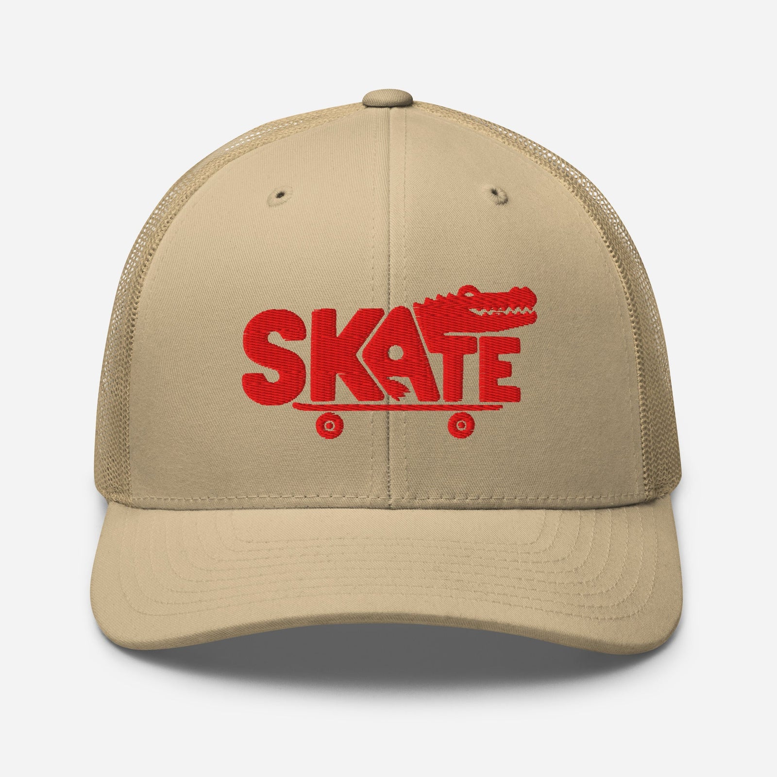 Casquette skate trucker kaki brodée crocodile rouge, vue de face