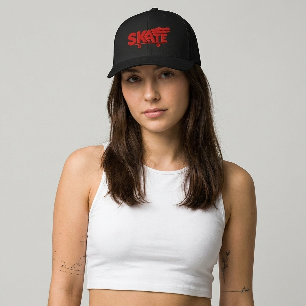 Femme portant la casquette skate trucker noire brodée crocodile rouge, photo studio