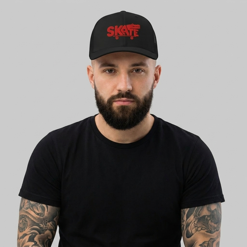 Homme portant la casquette skate trucker noire à broderie crocodile rouge, photo studio