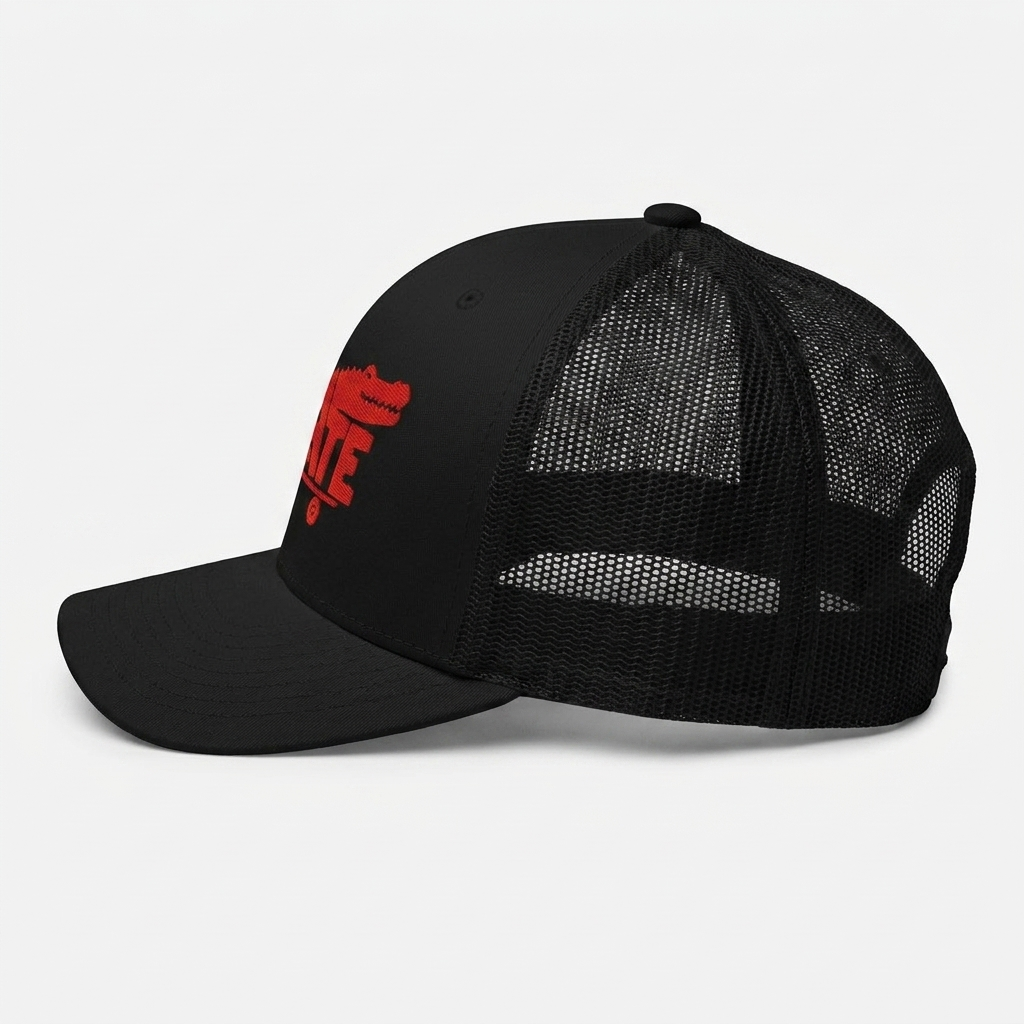 Casquette skate trucker noire de profil, visière courbée et panneaux en filet mesh