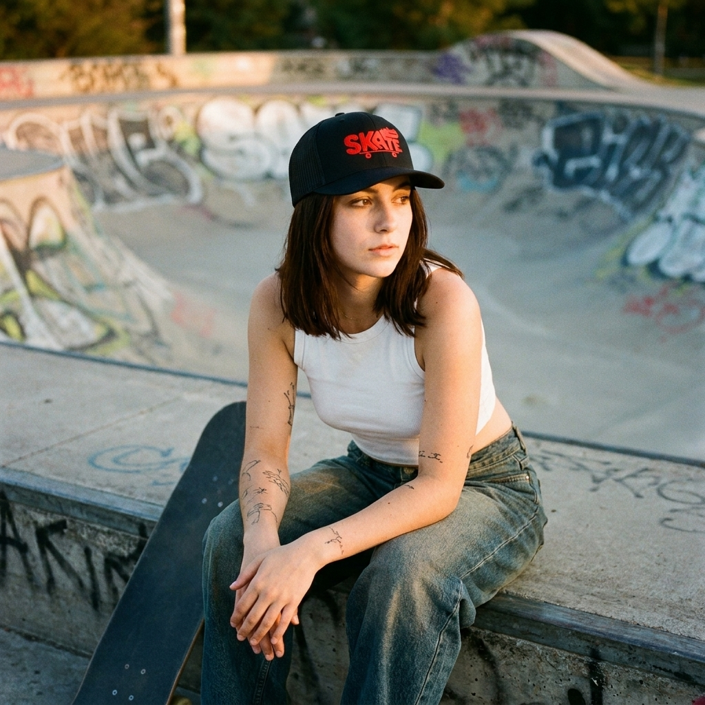 Casquette skate trucker crocodile portée au skatepark, look streetwear femme